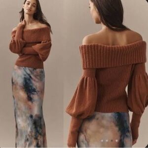 Anthropologie The Tessa Off-The-Shoulder Puff-Sleeve Sweater Navy Medium